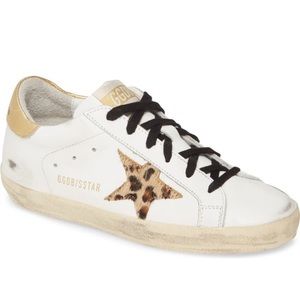 Golden Goose Superstar genuine calf hair sneaker, leopard print on white leather